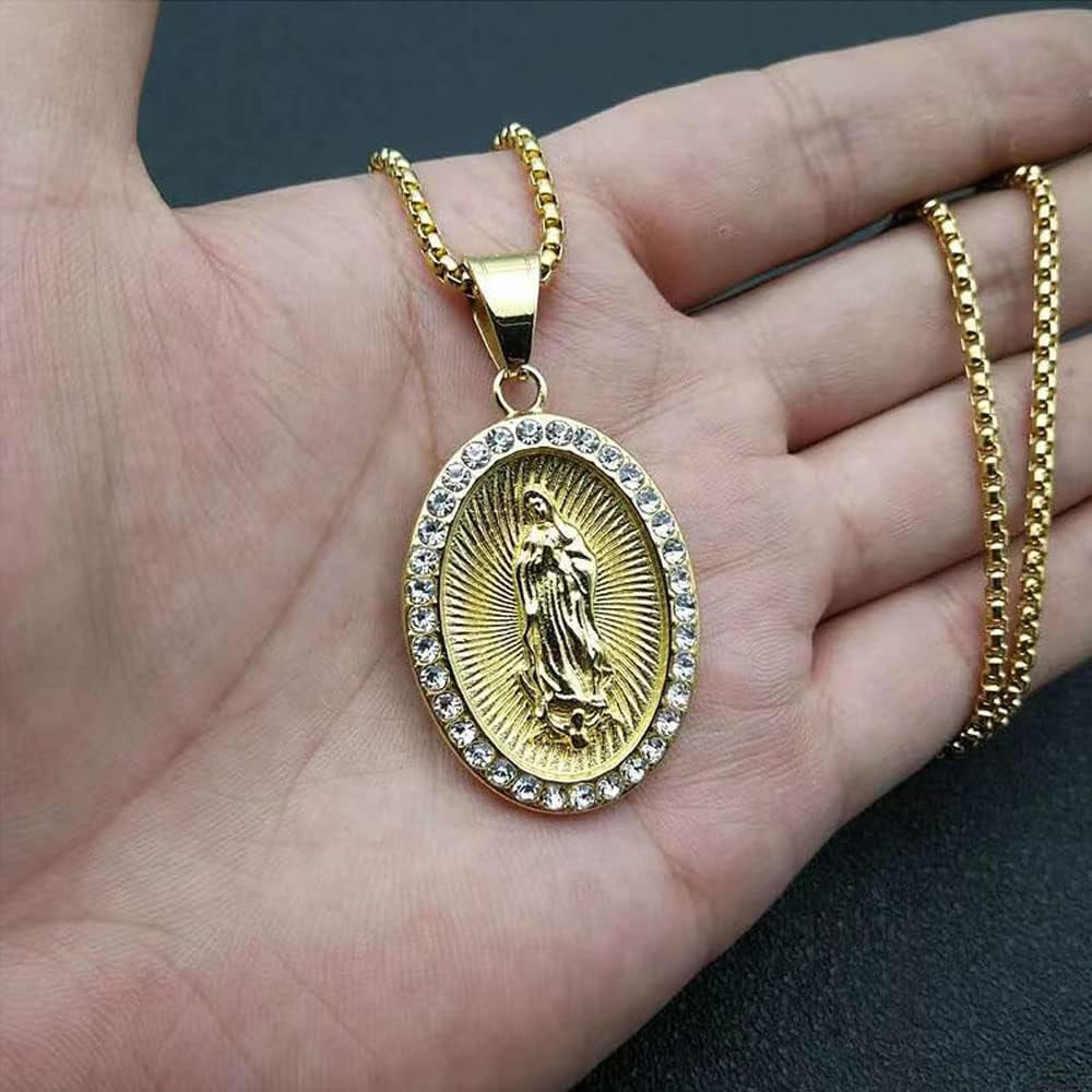 Gold Plated Virgin Mary Necklace Gold Chain Pendant Necklace for Men Women Virgen De Guadalupe Necklace,24In