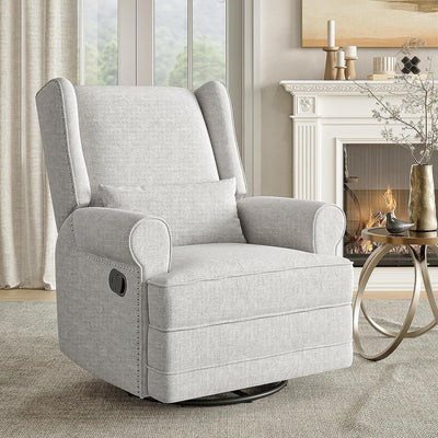 Swivel Nursery Glider Recliner, Comfy Upholstered Glider Chair with Lumbar Pillow and Footres, Grey