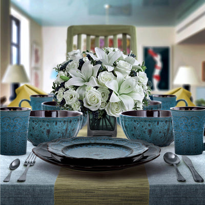 Lavish Blue 16 Piece round Stoneware Dinnerware Set in Blue