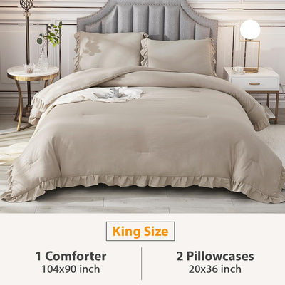 Andency Wheat Ruffled Comforter King(104X90Inch), 3 Pieces