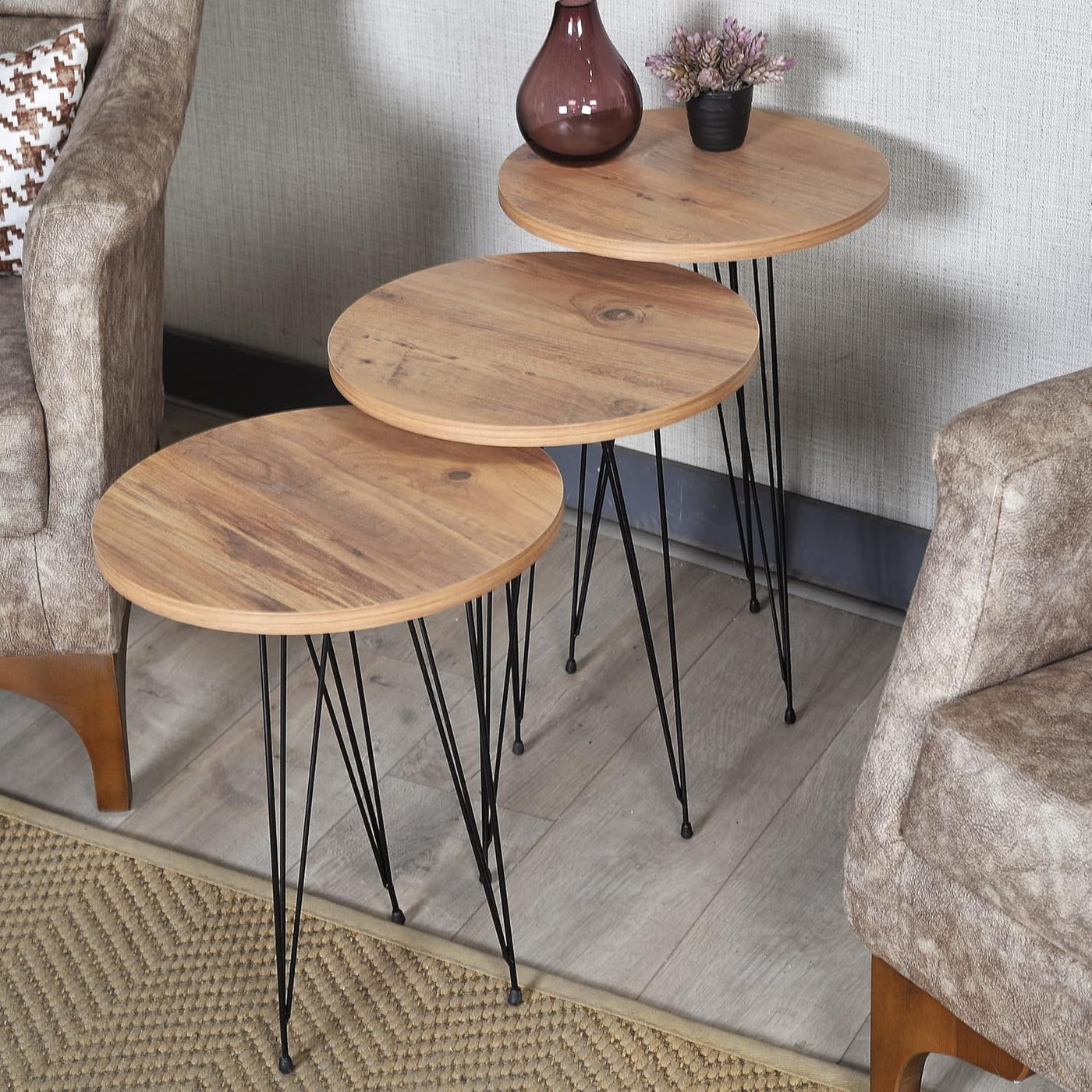 PAK HOME Set of 3 Walnut Nesting End Tables round Wood Stacking Coffee Side Accent Table with Metal Legs for Living Room, Home Office, Nightstands for Bedroom