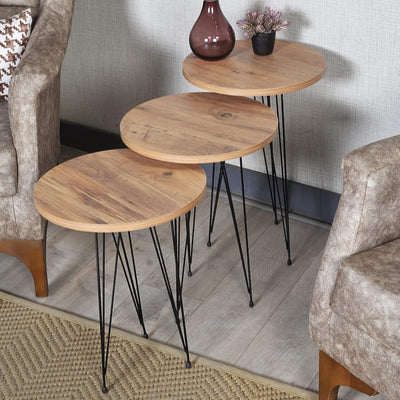 PAK HOME Set of 3 Walnut Nesting End Tables round Wood Stacking Coffee Side Accent Table with Metal Legs for Living Room, Home Office, Nightstands for Bedroom