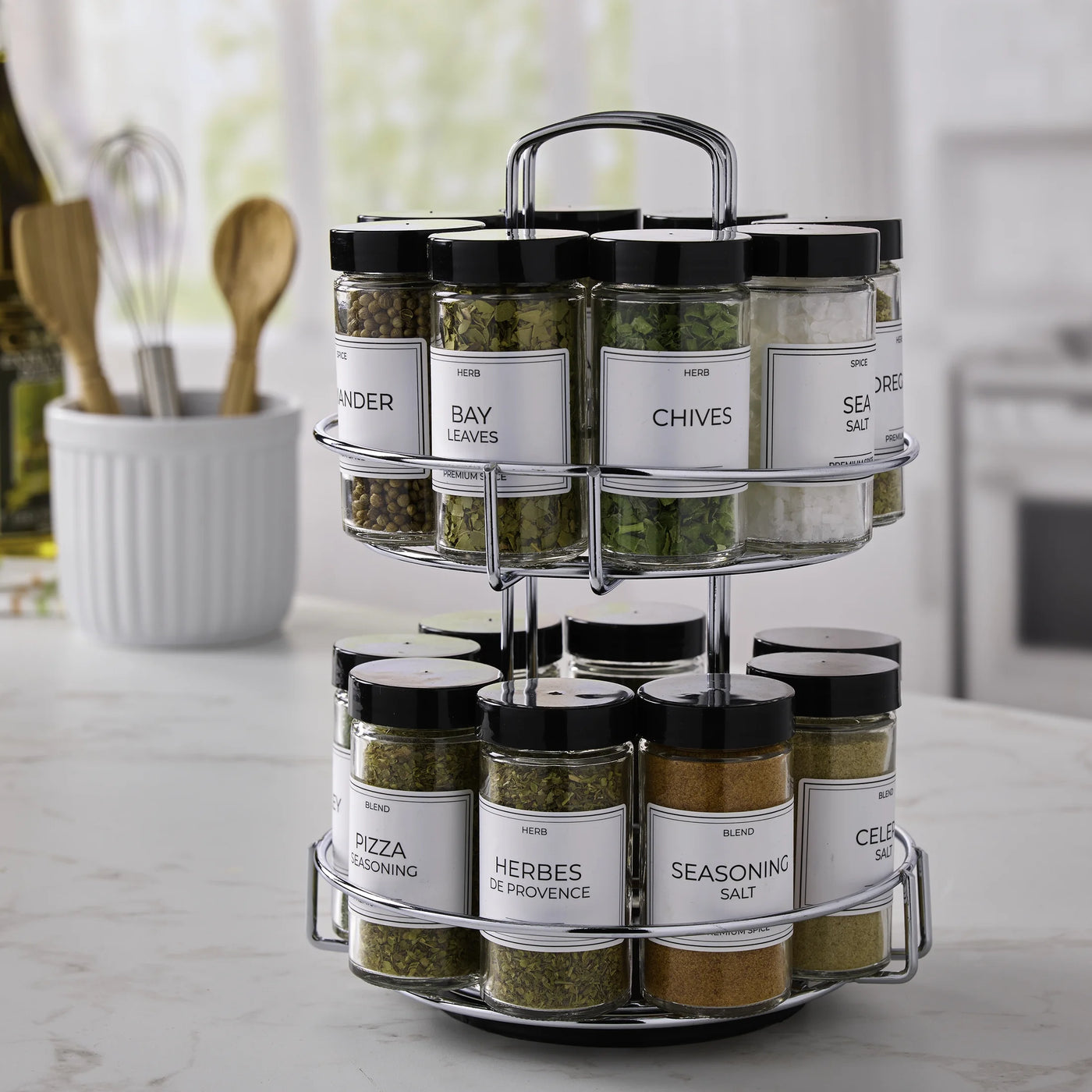 16-Jar Chrome Wire 2-Tier Revolving Filled Countertop Spice Rack & Organizer