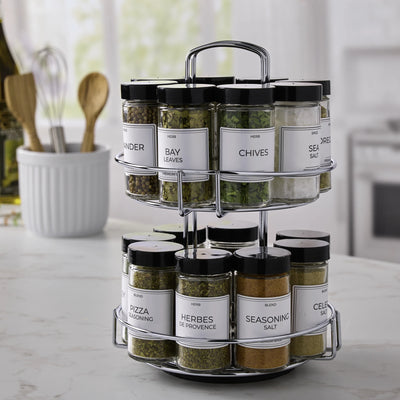 16-Jar Chrome Wire 2-Tier Revolving Filled Countertop Spice Rack & Organizer