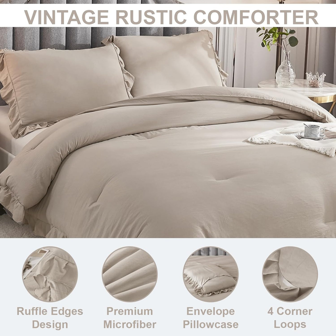 Andency Wheat Ruffled Comforter King(104X90Inch), 3 Pieces