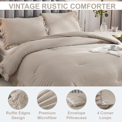 Andency Wheat Ruffled Comforter King(104X90Inch), 3 Pieces