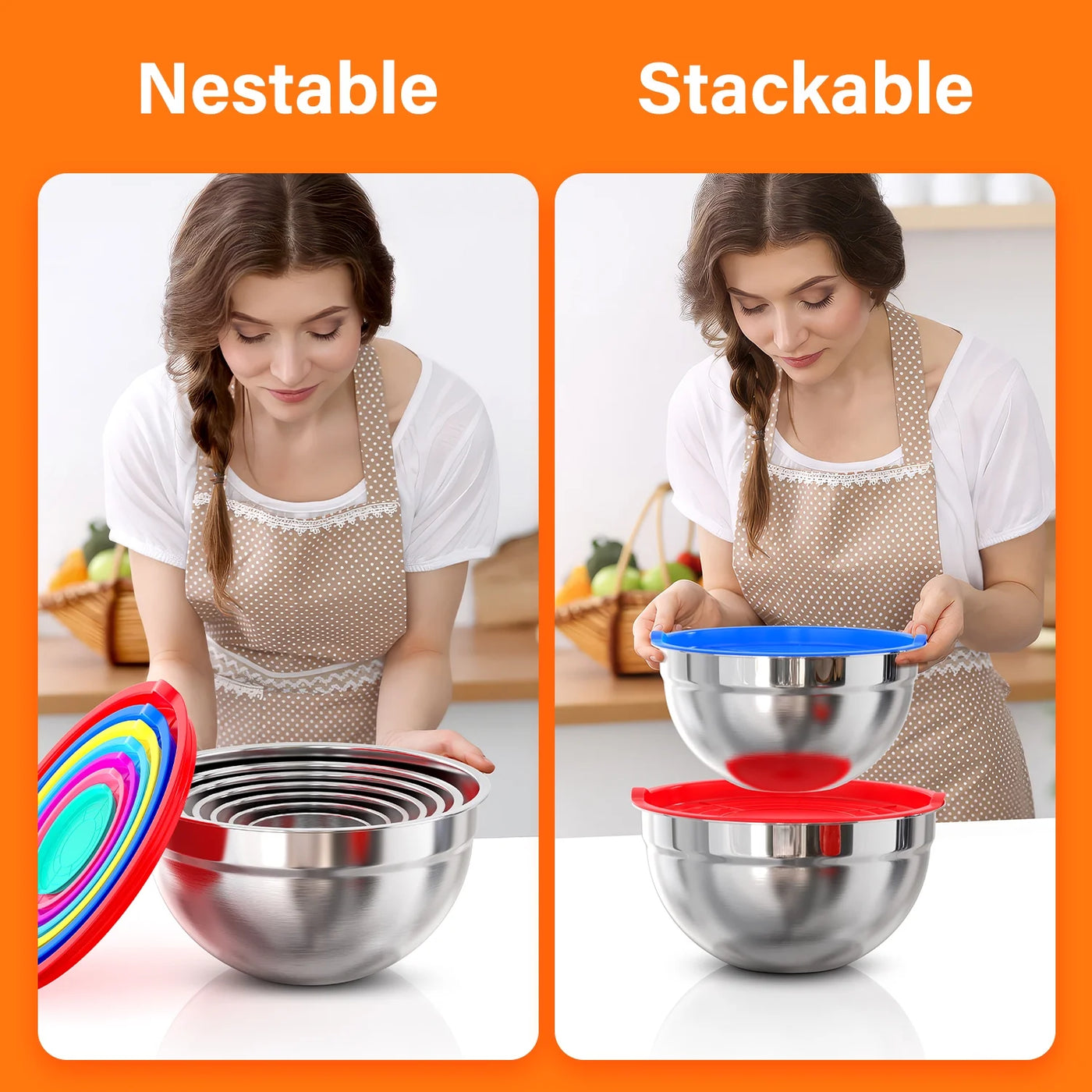 Mixing Bowls with Lids: 7 Pack Stainless Steel Mixing Bowls Set, Metal Nesting Mixing Bowls for Kitchen, 7/4.5/3.0/2.0/1.5/1.0/0.7QT, Great for Prep, Baking, Serving, Multicolor