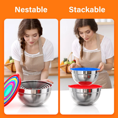 Mixing Bowls with Lids: 7 Pack Stainless Steel Mixing Bowls Set, Metal Nesting Mixing Bowls for Kitchen, 7/4.5/3.0/2.0/1.5/1.0/0.7QT, Great for Prep, Baking, Serving, Multicolor