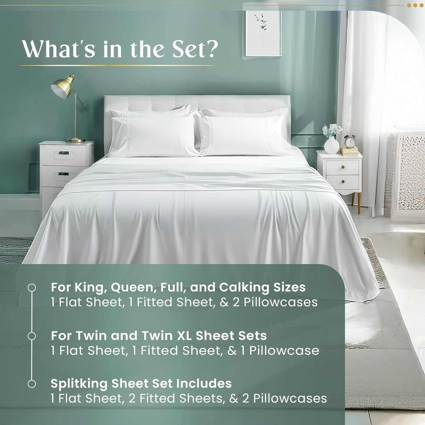 100% Egyptian Cotton Sheets King Size Sheets Set with Fully Elasticated Fitted Sheet & Pillowcase Sets, 800 TC Hotel Collection Deep Pocket King Sheet Set, No Pill Soft Breathable Luxury White Bedding