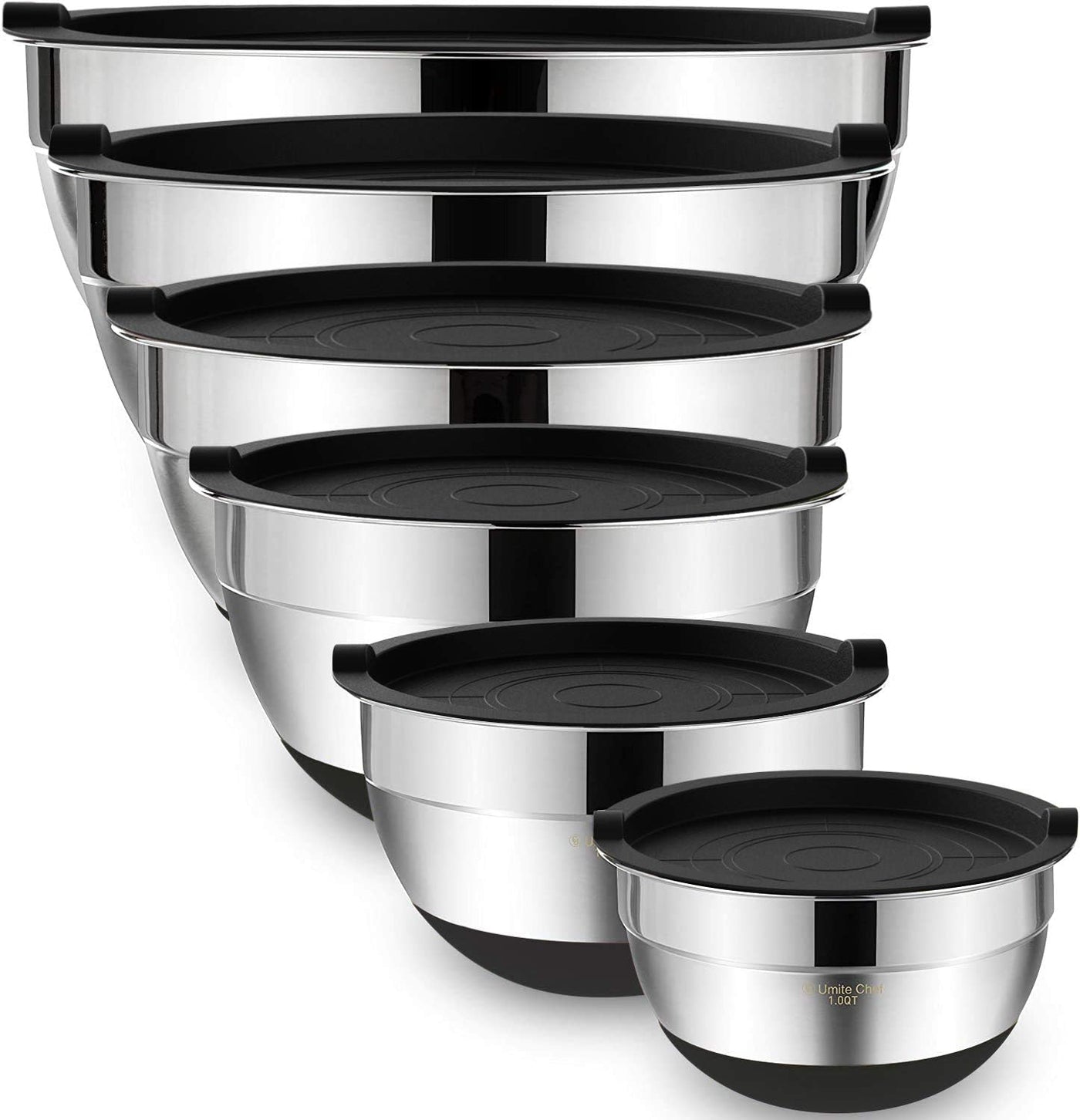 Umite Chef Mixing Bowls with Airtight Lids，6 Piece Stainless Steel Metal Nesting Storage Bowls, Non-Slip Bottoms Size 7, 3.5, 2.5, 2.0,1.5, 1QT, Great for Mixing & Serving(Black)