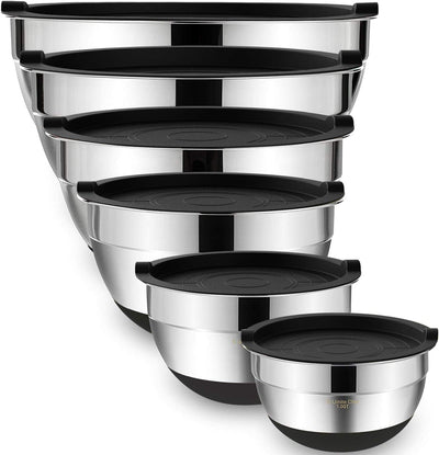 Umite Chef Mixing Bowls with Airtight Lids，6 Piece Stainless Steel Metal Nesting Storage Bowls, Non-Slip Bottoms Size 7, 3.5, 2.5, 2.0,1.5, 1QT, Great for Mixing & Serving(Black)