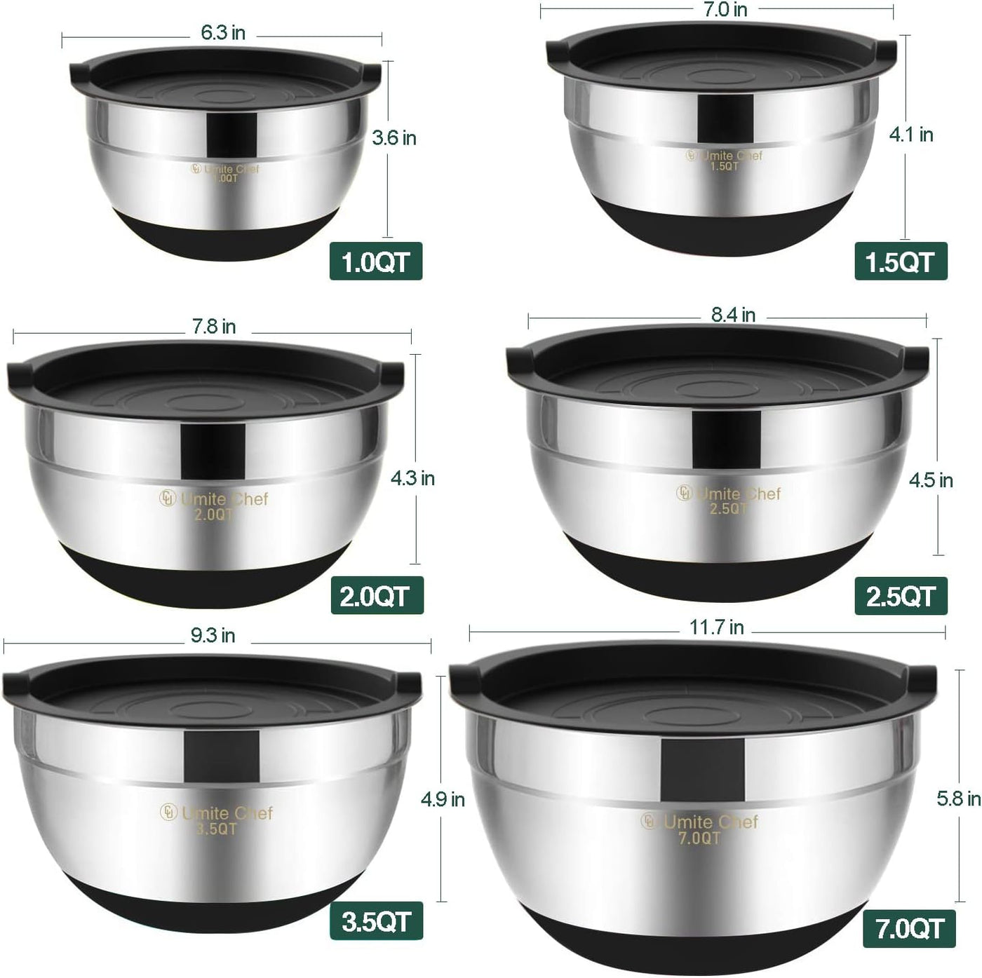 Umite Chef Mixing Bowls with Airtight Lids，6 Piece Stainless Steel Metal Nesting Storage Bowls, Non-Slip Bottoms Size 7, 3.5, 2.5, 2.0,1.5, 1QT, Great for Mixing & Serving(Black)