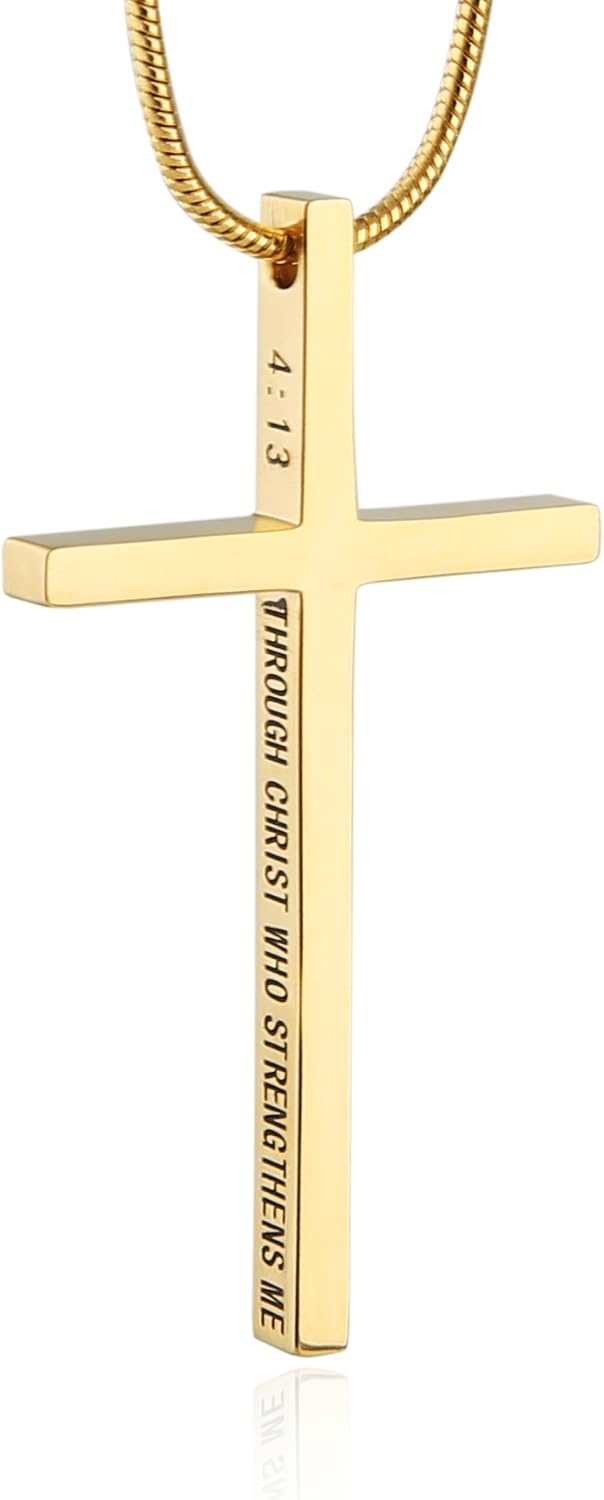 HZMAN Philippians 4:13 Cross Pendant STRENGTH Bible Verse Stainless Steel Necklace