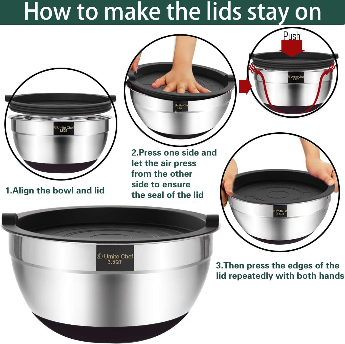 Umite Chef Mixing Bowls with Airtight Lids，6 Piece Stainless Steel Metal Nesting Storage Bowls, Non-Slip Bottoms Size 7, 3.5, 2.5, 2.0,1.5, 1QT, Great for Mixing & Serving(Black)