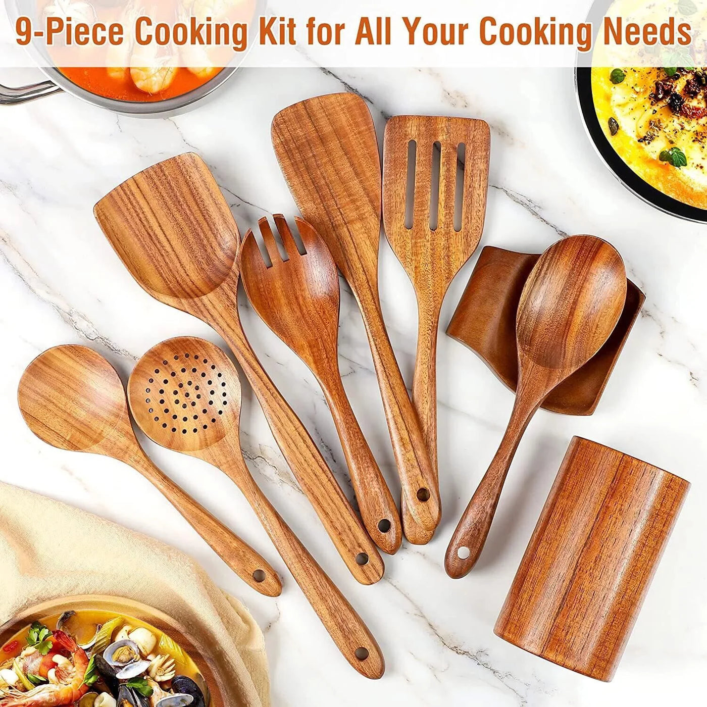9 PCS Wooden Spoons for Cooking Sets, Wooden Utensils for Cooking, Spatula,Turner, Slotted Spoon, Wood Spoon Set for Kitchen Essentials, Non-Stick Cookware, Heat Resistant