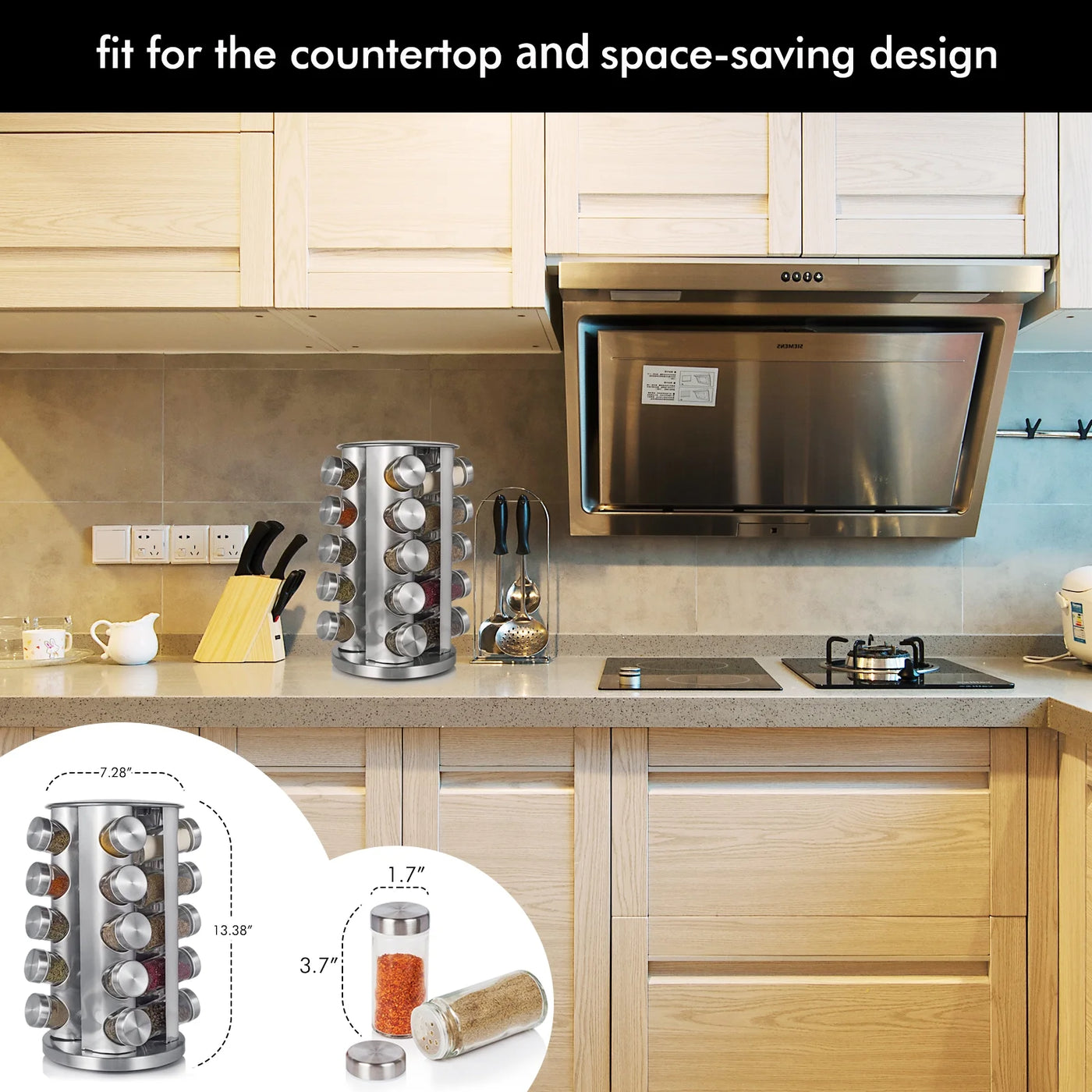 Rotating Spice Rack with Jars, Spinning Spice Rack Shelf, Revolving Spice Rack for Kitchen (Silver)