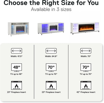 Ameriwood Home Lumina Fireplace TV Stand for Tvs up to 70 Inch, Replaceable Electric Fireplace Insert Heater, Remote Control, Timer, Color Changing LED Lights, Crystal Ember Flames, White