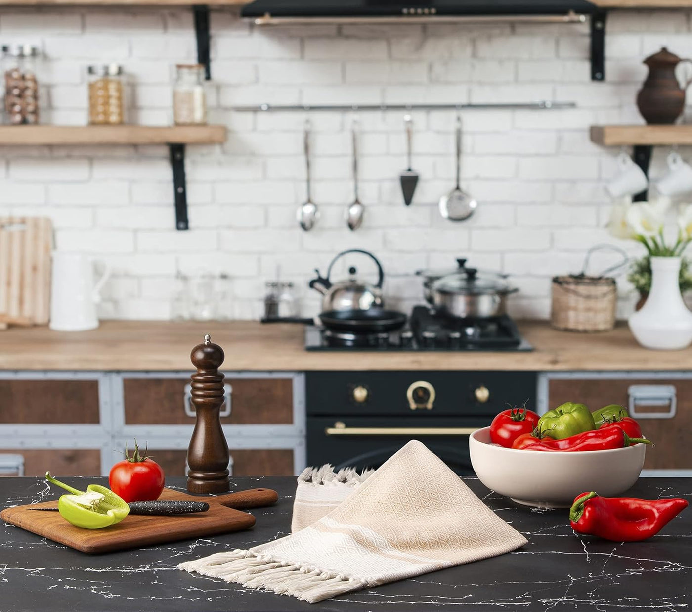 Rumi & Shams Turkish Farmhouse Boho Hand Towels | 2 Pcs Beige (Sand) | 16 X 32 Inches | 100% Cotton