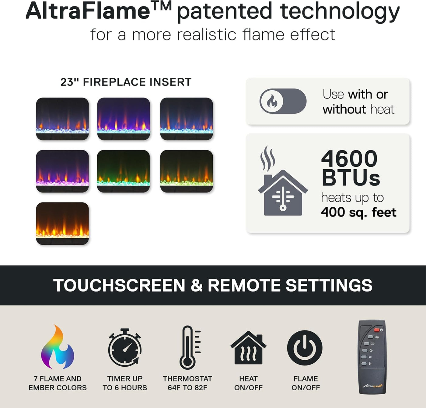Ameriwood Home Lumina Fireplace TV Stand for Tvs up to 70 Inch, Replaceable Electric Fireplace Insert Heater, Remote Control, Timer, Color Changing LED Lights, Crystal Ember Flames, White
