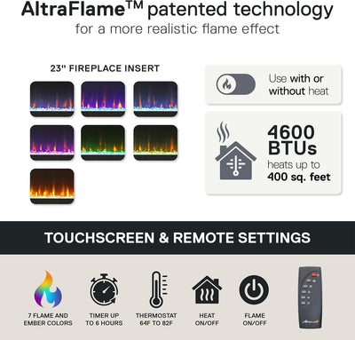 Ameriwood Home Lumina Fireplace TV Stand for Tvs up to 70 Inch, Replaceable Electric Fireplace Insert Heater, Remote Control, Timer, Color Changing LED Lights, Crystal Ember Flames, White