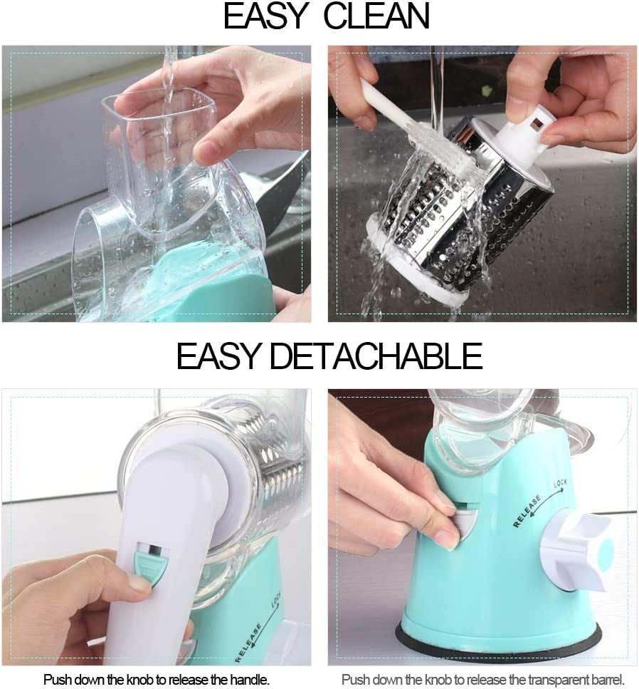 Ourokhome Rotary Cheese Grater Hand Crank, Potatoe Shredder Speed Mandolin Slicer Nut Grinder with Handle and Drum Blades , 3 Blades, Blue