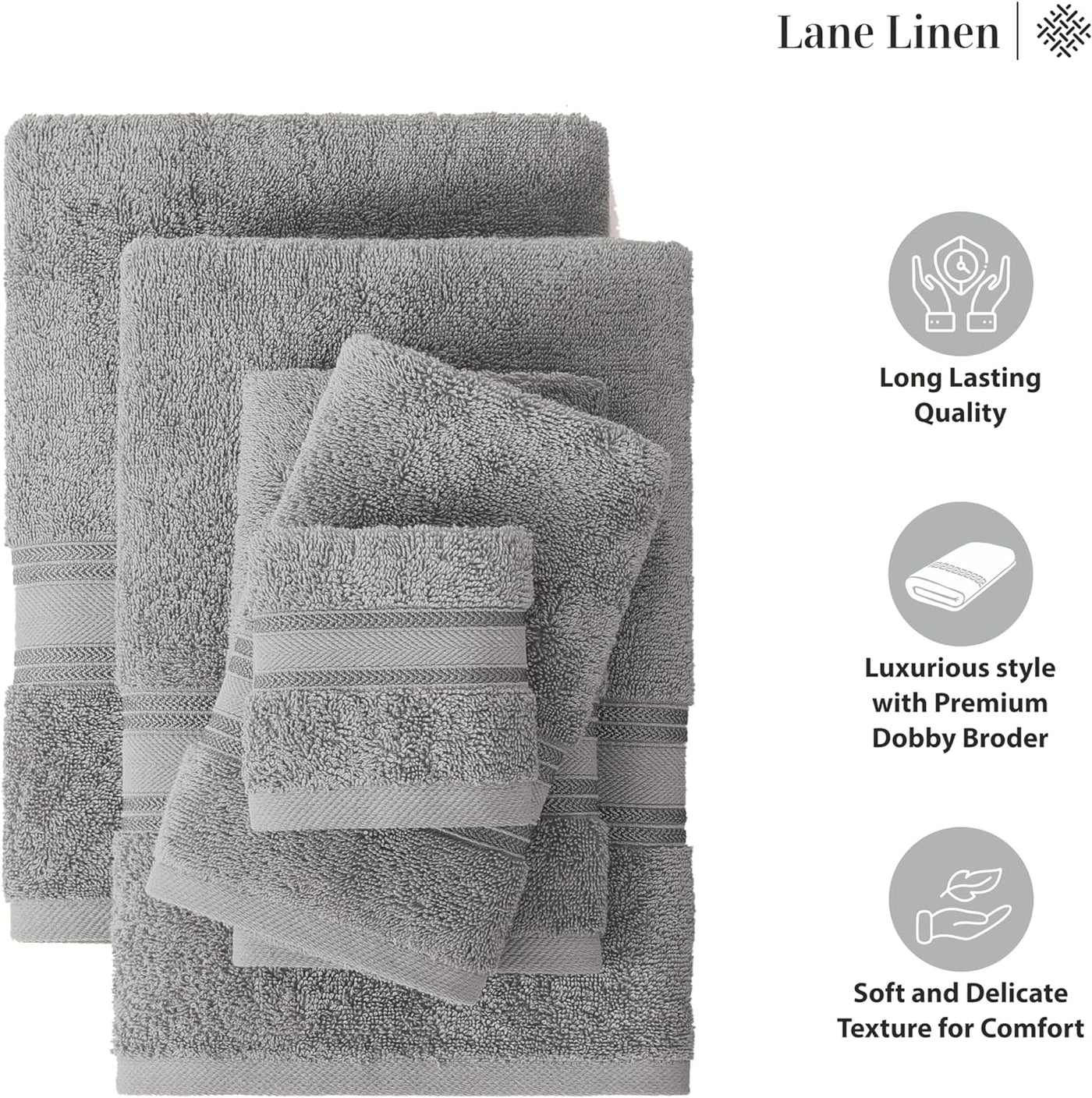 18 Pc LANE LINEN 100% Cotton 18 Piece Bath Towel Set - Super Soft & Highly Absorbent - 6 Bath, 6 Washcloths, 6 Hand Towels for Bathroom - Hotel Quality Bathroom Towel Set - Grey