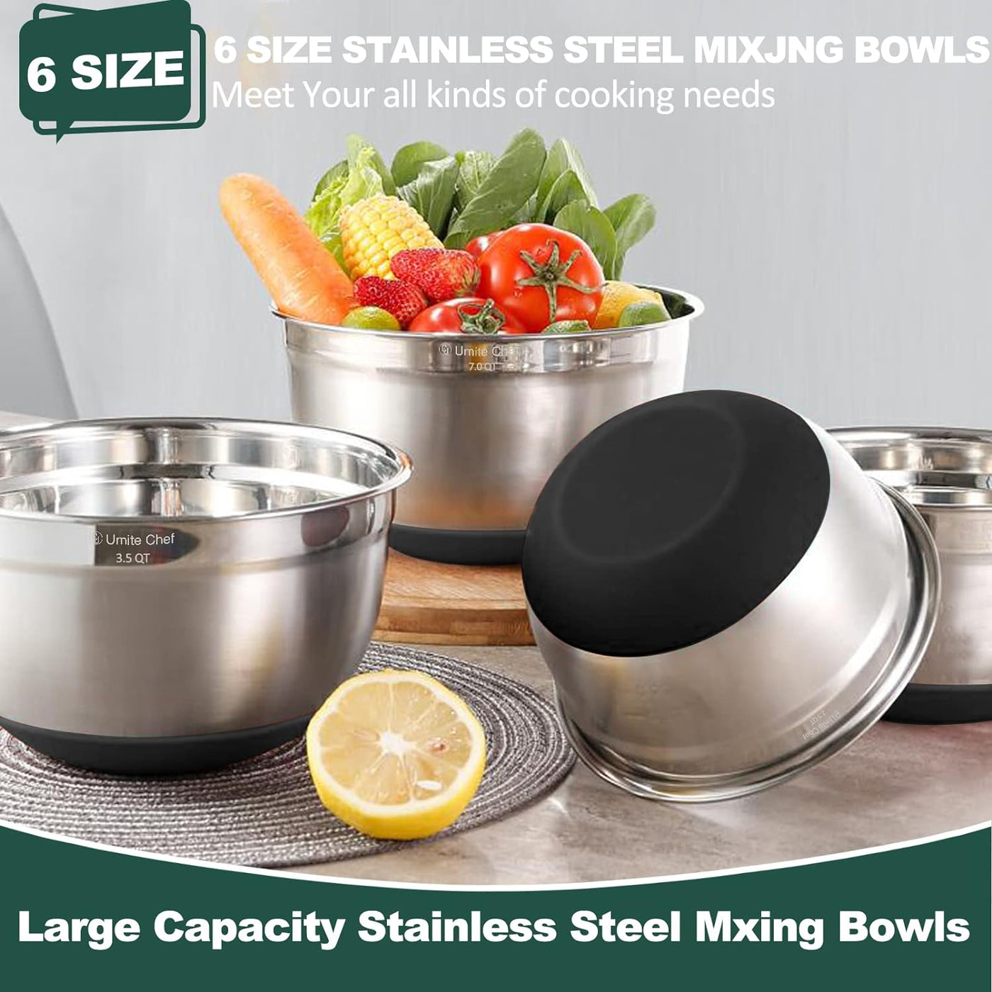 Umite Chef Mixing Bowls with Airtight Lids，6 Piece Stainless Steel Metal Nesting Storage Bowls, Non-Slip Bottoms Size 7, 3.5, 2.5, 2.0,1.5, 1QT, Great for Mixing & Serving(Black)