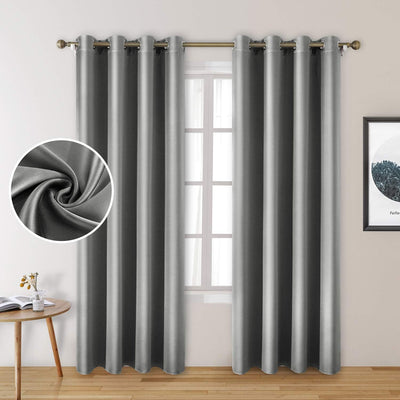 HOMEIDEAS 2 Panels Silver Grey Faux Silk Blackout Curtains, 52 X 96 Inch Room Darkening Satin Thermal Insulated Window Drapes