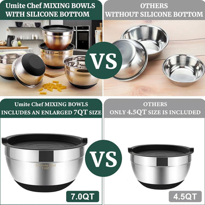 Umite Chef Mixing Bowls with Airtight Lids，6 Piece Stainless Steel Metal Nesting Storage Bowls, Non-Slip Bottoms Size 7, 3.5, 2.5, 2.0,1.5, 1QT, Great for Mixing & Serving(Black)