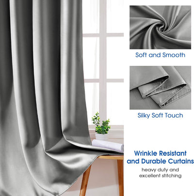 HOMEIDEAS 2 Panels Silver Grey Faux Silk Blackout Curtains, 52 X 96 Inch Room Darkening Satin Thermal Insulated Window Drapes