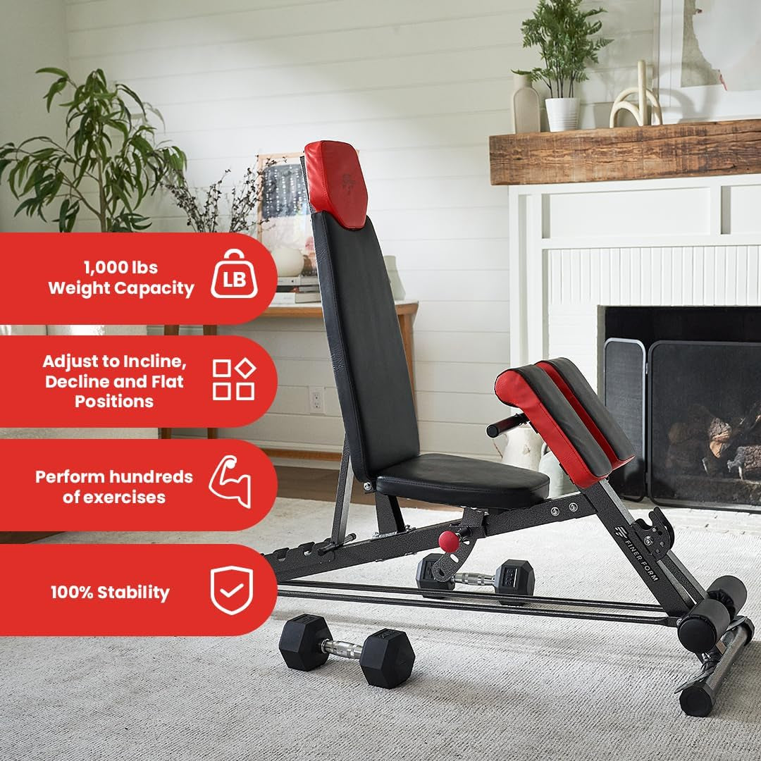 Full Body Workout Combo Finer Form Multi-Functional FID Weight Bench for Full All-In-One Body Workout – Hyper Back Extension, Roman Chair, Adjustable Ab Sit up Bench, Incline Decline Bench, Flat Bench