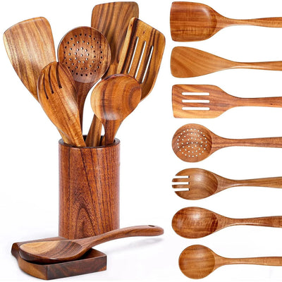 9 PCS Wooden Spoons for Cooking Sets, Wooden Utensils for Cooking, Spatula,Turner, Slotted Spoon, Wood Spoon Set for Kitchen Essentials, Non-Stick Cookware, Heat Resistant