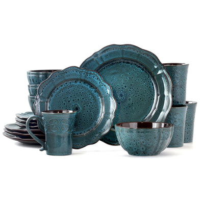 Lavish Blue 16 Piece round Stoneware Dinnerware Set in Blue