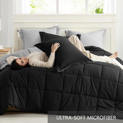  King Size Comforter Set Black,  Soft down Alternative Reversible All Season 3 Piece Set with 2 Shams Black/Light Grey