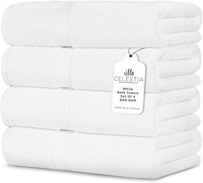 (Set of 4 Luxury Towels)100% Cotton Bath Towels,600 GSM White, Set of 4, Highly Absorbent, Plush, Soft, Quick Dry