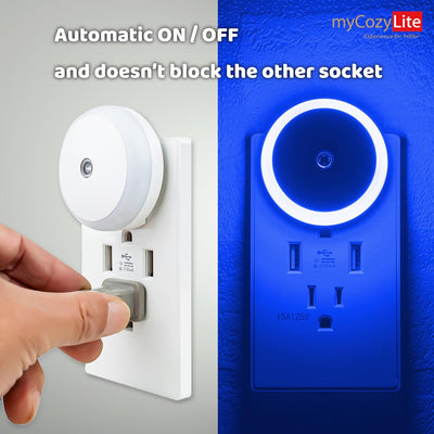 Blue Night Light Plug In, Plug-In Nightlight with Dusk to Dawn Sensor, Automatic on and Off, Energy Efficient, Soft Glow, 2 Pack
