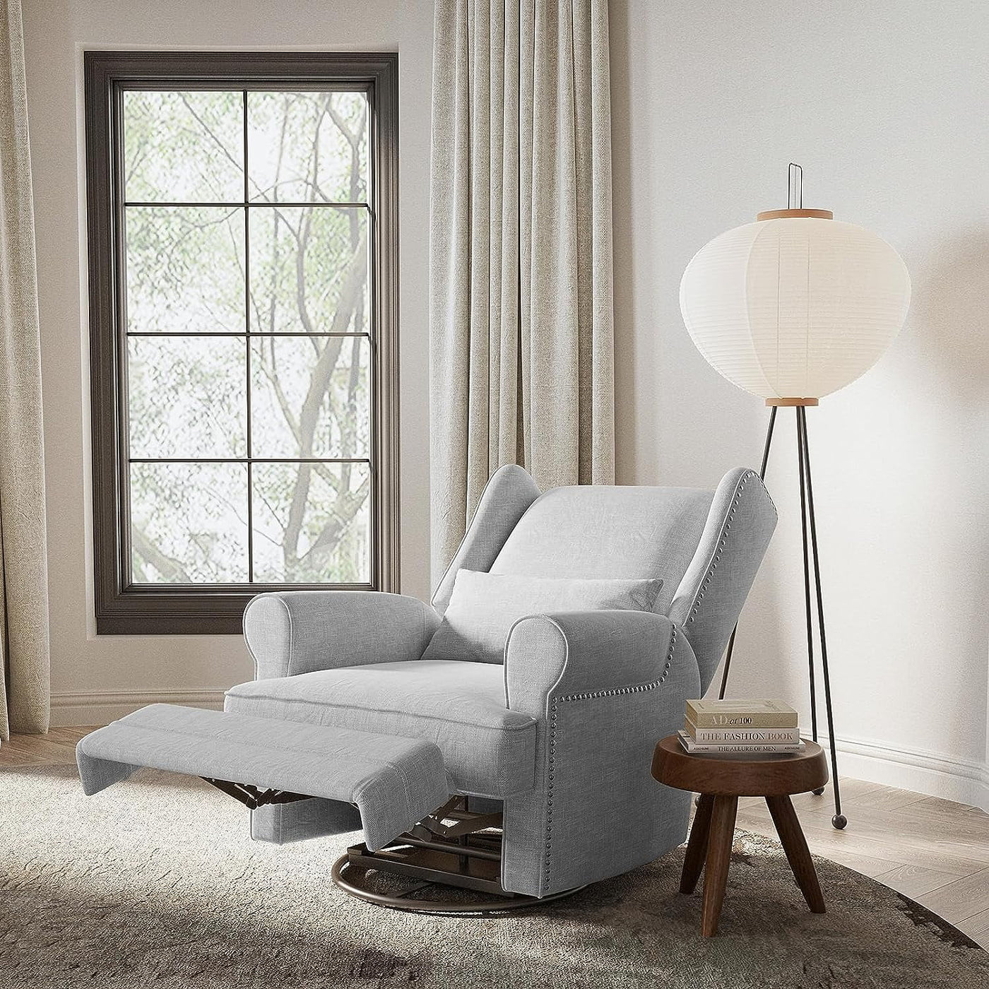 Swivel Nursery Glider Recliner, Comfy Upholstered Glider Chair with Lumbar Pillow and Footres, Grey