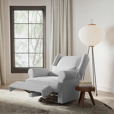 Swivel Nursery Glider Recliner, Comfy Upholstered Glider Chair with Lumbar Pillow and Footres, Grey