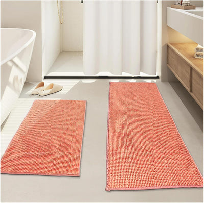 Civkor Bath Mat Rug, Comfy Chenille Non Slip Bathroom Mats Rugs with Soft & Absorbent Shag, Machine Washable, Bath Rug for Bathroom Set of 2, Light Orange/Coral, 31X20 and 24X16 Inch