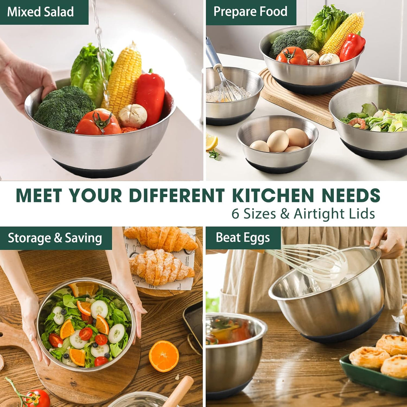 Umite Chef Mixing Bowls with Airtight Lids，6 Piece Stainless Steel Metal Nesting Storage Bowls, Non-Slip Bottoms Size 7, 3.5, 2.5, 2.0,1.5, 1QT, Great for Mixing & Serving(Black)