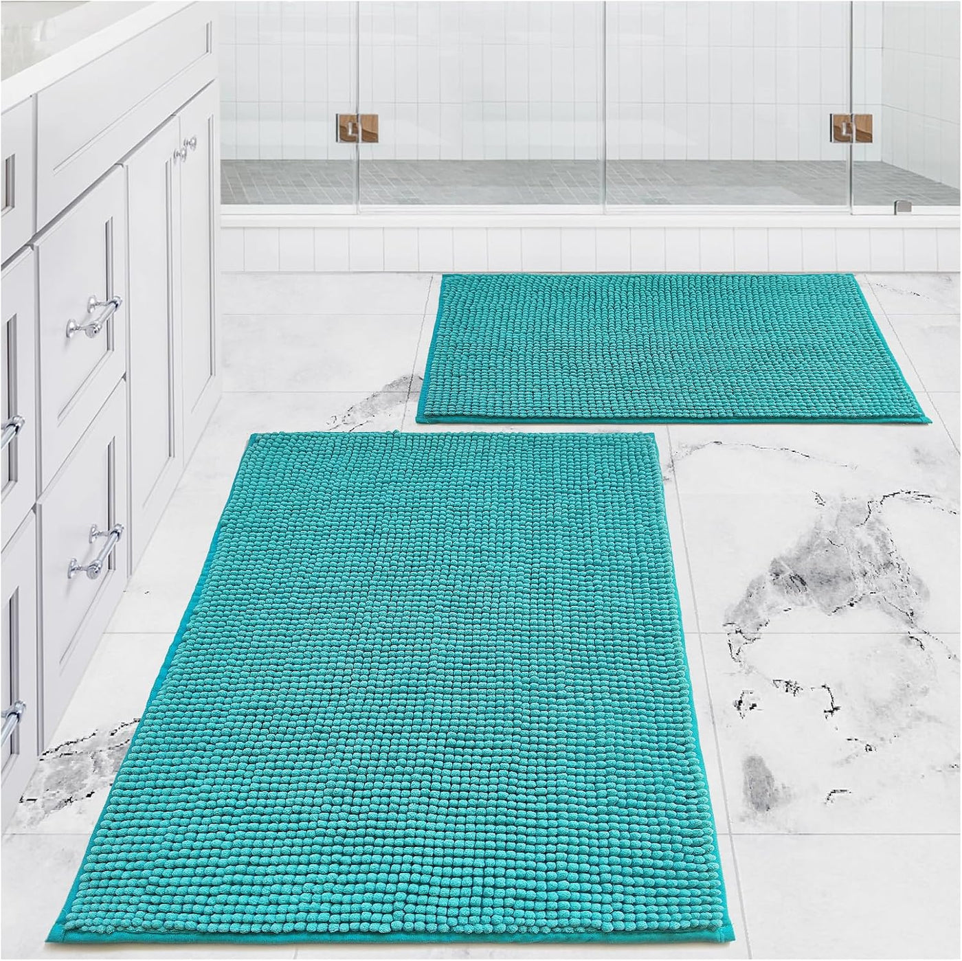 Civkor Bath Mat Rug, Comfy Chenille Non Slip Bathroom Mats Rugs with Soft & Absorbent Shag, Machine Washable, Bath Rug for Bathroom Set of 2, Light Orange/Coral, 31X20 and 24X16 Inch