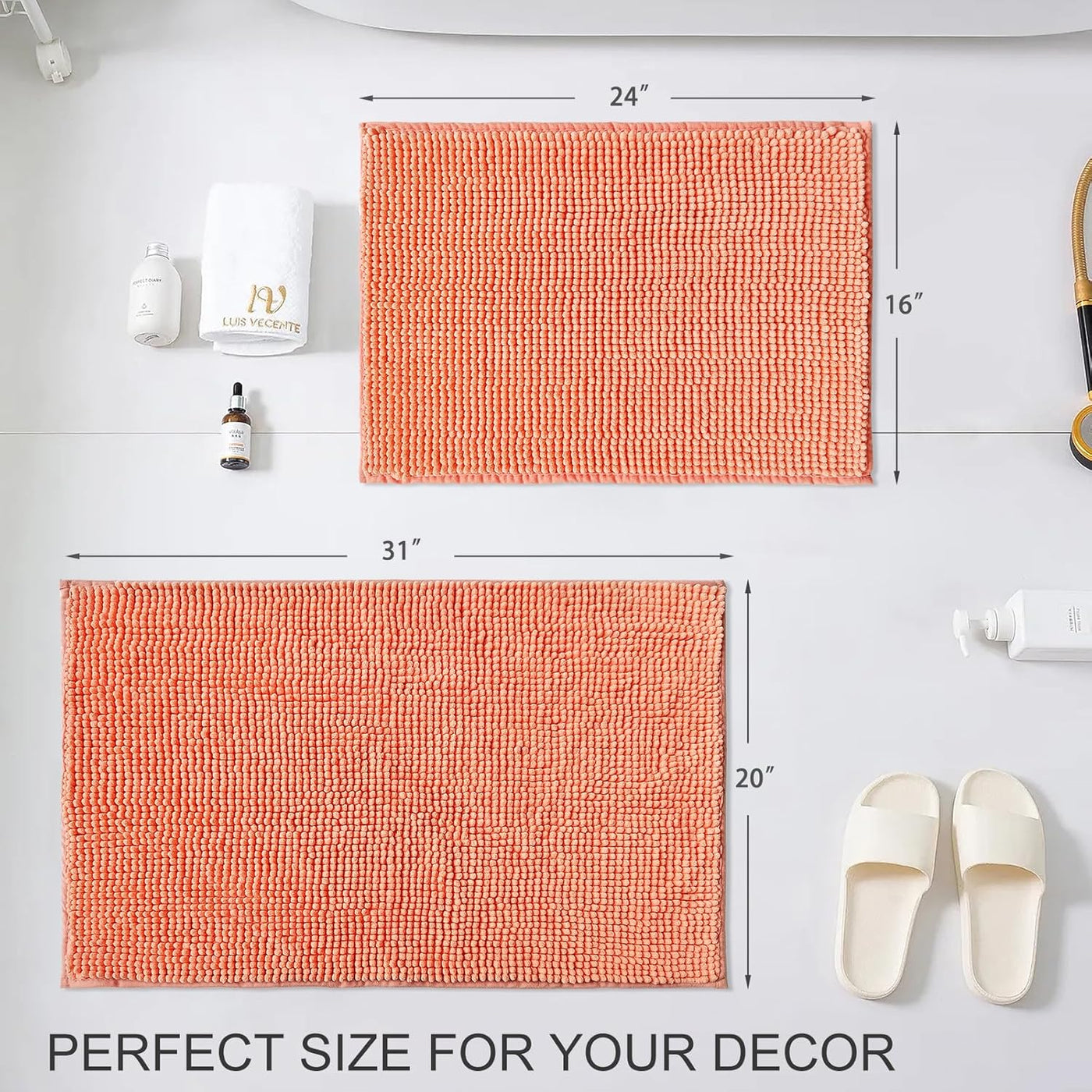 Civkor Bath Mat Rug, Comfy Chenille Non Slip Bathroom Mats Rugs with Soft & Absorbent Shag, Machine Washable, Bath Rug for Bathroom Set of 2, Light Orange/Coral, 31X20 and 24X16 Inch