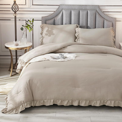 Andency Wheat Ruffled Comforter King(104X90Inch), 3 Pieces