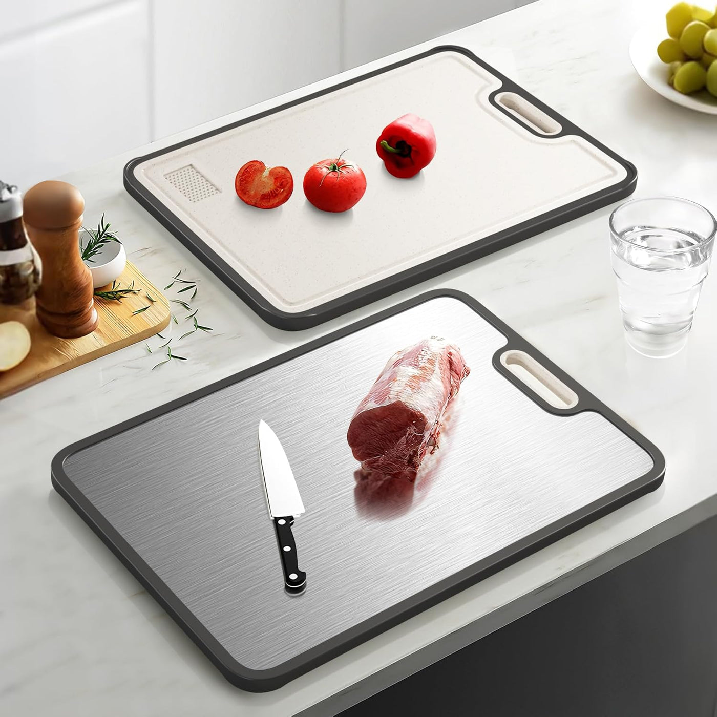 Double-Sided Titanium & Wheat Straw Cutting Board,15”*10“ Cutting Board 