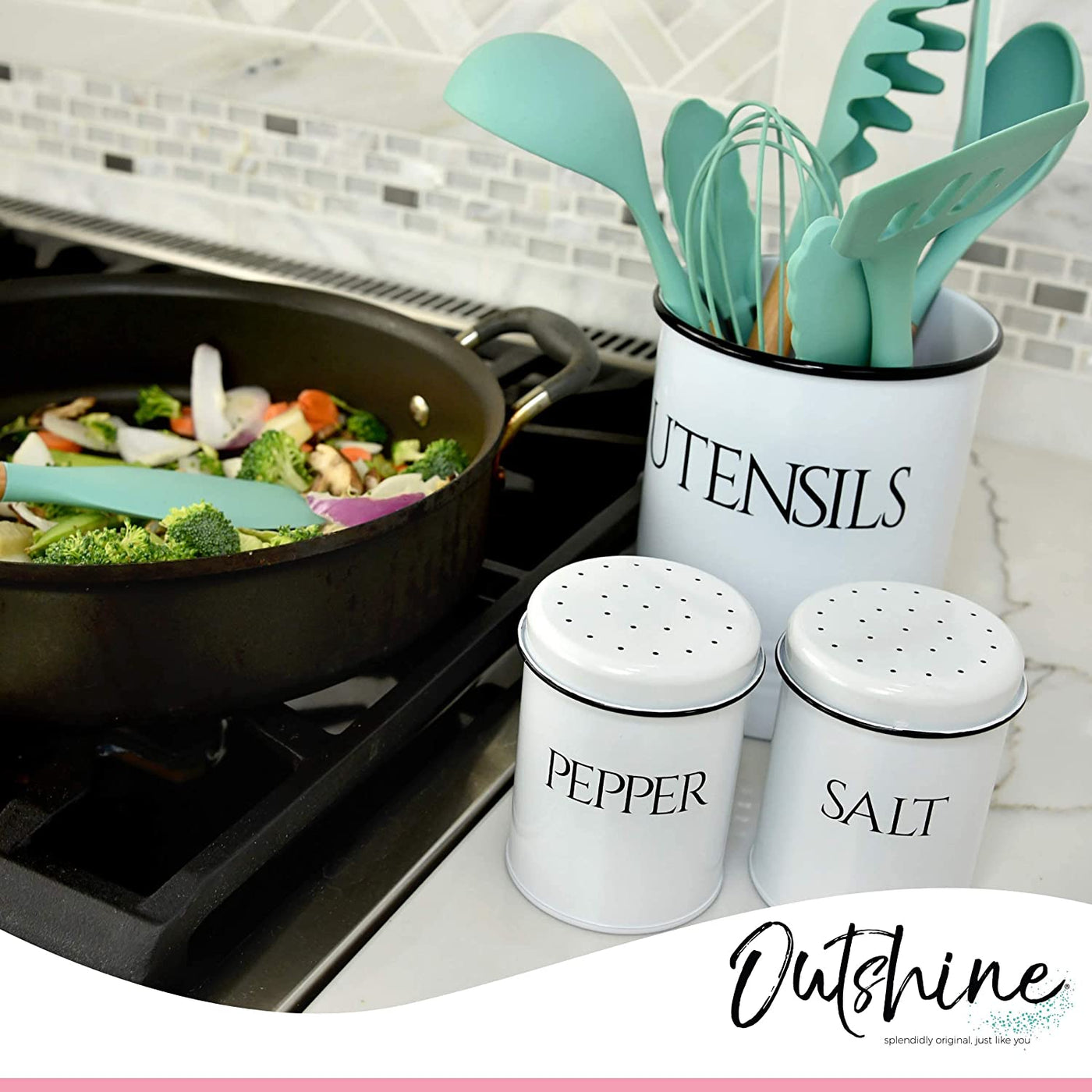 OUTSHINE Large Kitchen Utensil Holder and Farmhouse Decor with Matching Salt and Pepper Shakers, White  