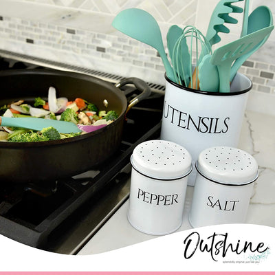 OUTSHINE Large Kitchen Utensil Holder and Farmhouse Decor with Matching Salt and Pepper Shakers, White  