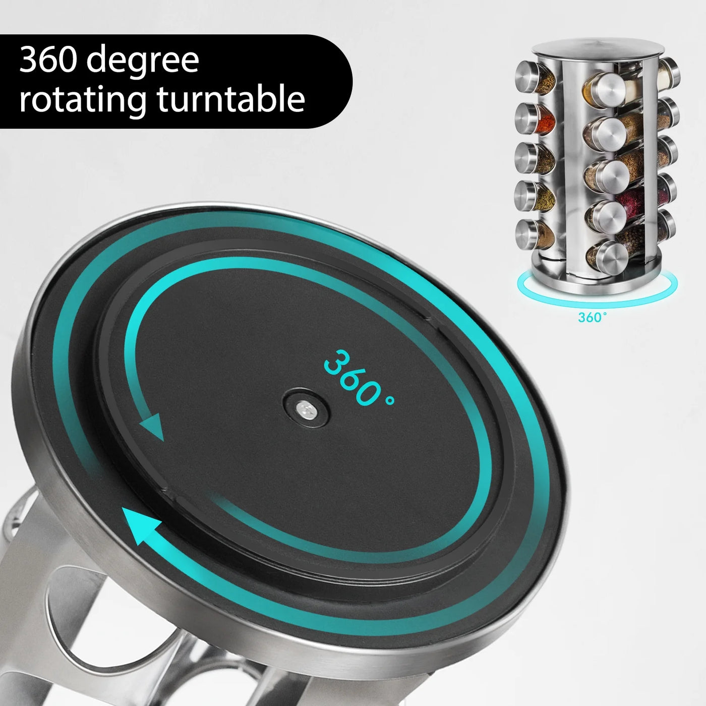 Rotating Spice Rack with Jars, Spinning Spice Rack Shelf, Revolving Spice Rack for Kitchen (Silver)