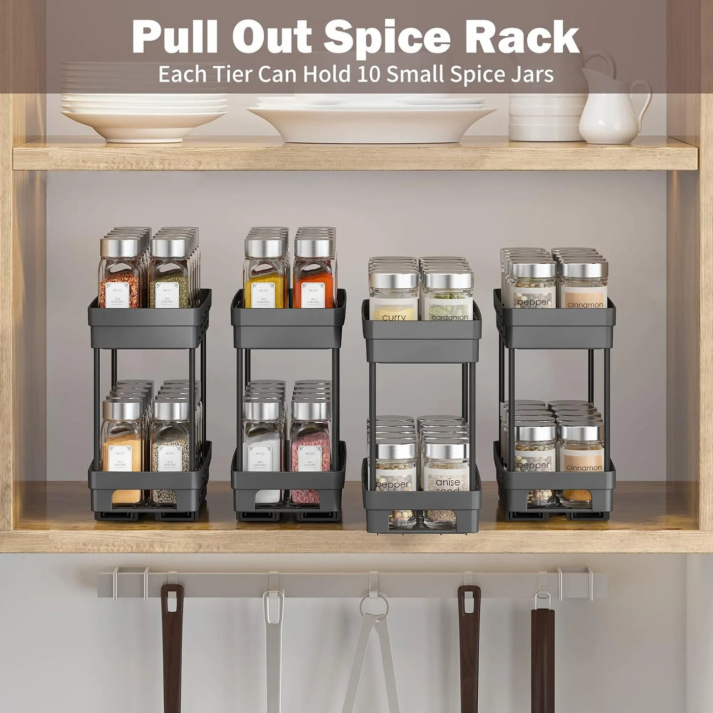 2 Packs Pull-Out Spice Rack Organizer for Cabinets, Slide-Out Design, Multi Purpose Kitchen Cabinet Organizer, Black