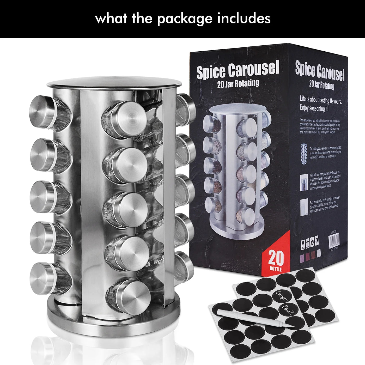 Rotating Spice Rack with Jars, Spinning Spice Rack Shelf, Revolving Spice Rack for Kitchen (Silver)