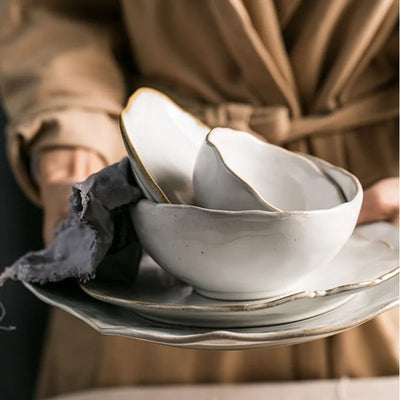 Quality Tableware Nordic Household Ceramics Irregular Shape Rice Salad Bowls Flat Dishes Shallow Desserts Dishes Plate